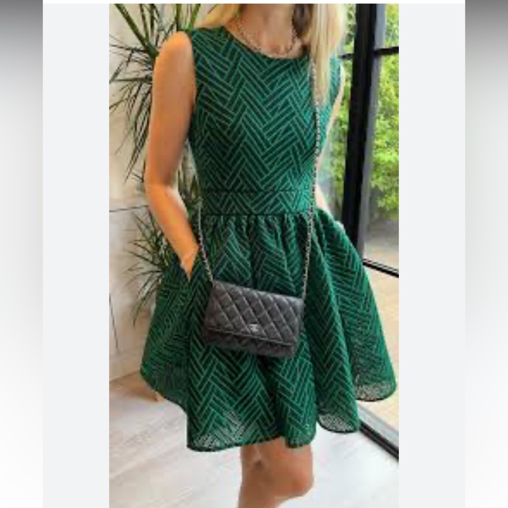 Maje Green Black Fit Flared Embroidered Mesh ZigZag Mini Cocktail Party Dress 38